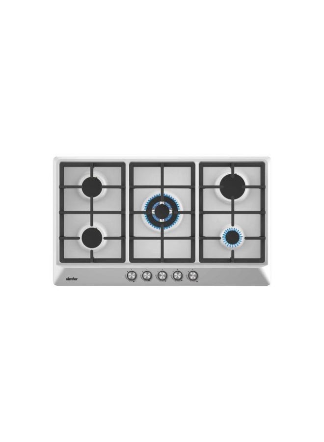 Simfer Built-In Gas Hob 90 cm Stainless Steel, 5 Sabaf Burners with Triple Ring Burner, Front Control Knobs, Cast Iron Pan Supports, Auto Ignition, Full Safety – Model BH90SG01 - Image 1